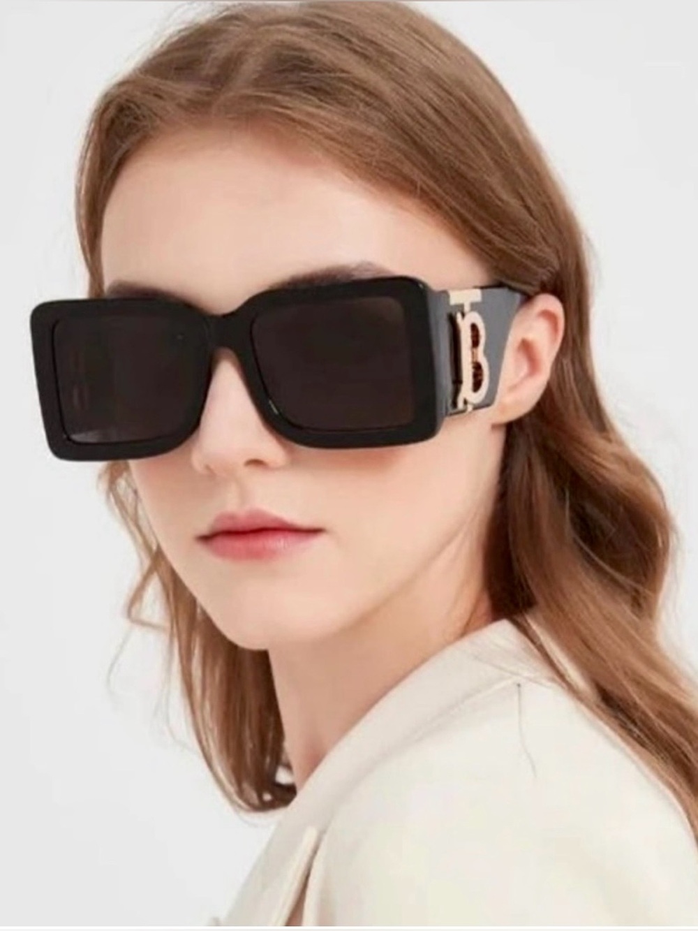 Burberry Black Oversized Square Sunglasses with Gold 'B' Temple Accent